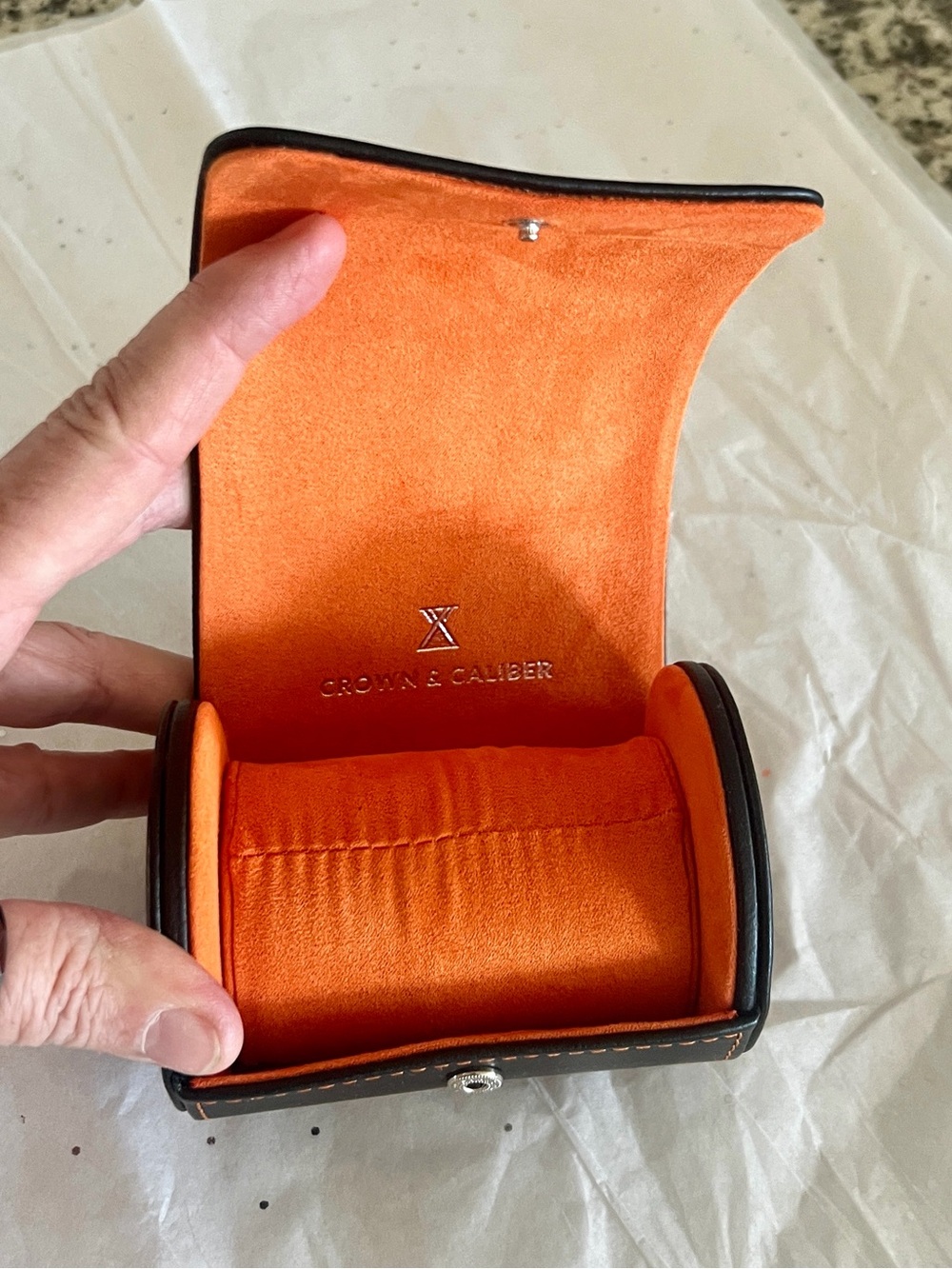 Black Crown & Caliber Leather Watch Roll  Orange Stitching